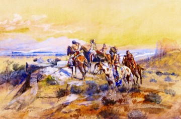 Mirando el caballo de hierro 1902 Charles Marion Russell Indios Americanos Pinturas al óleo